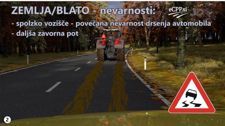 zemlja/blato - nevarnosti:; spolzko vozišče - povečana nevarnost drsenja avtomobila, daljša zavorna pot